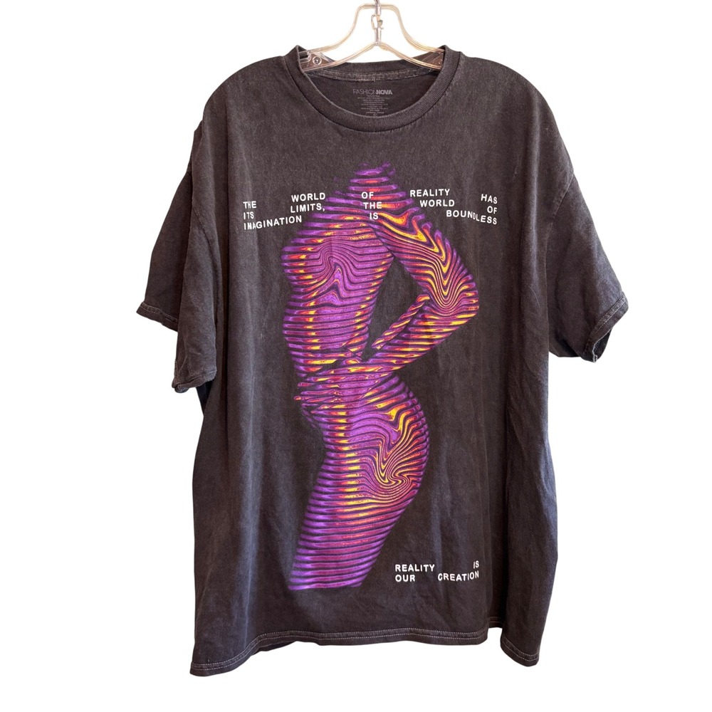 Fashion Nova Womens Psychedelic Casual Crew Neck Graphic Shirt Grey Size XL